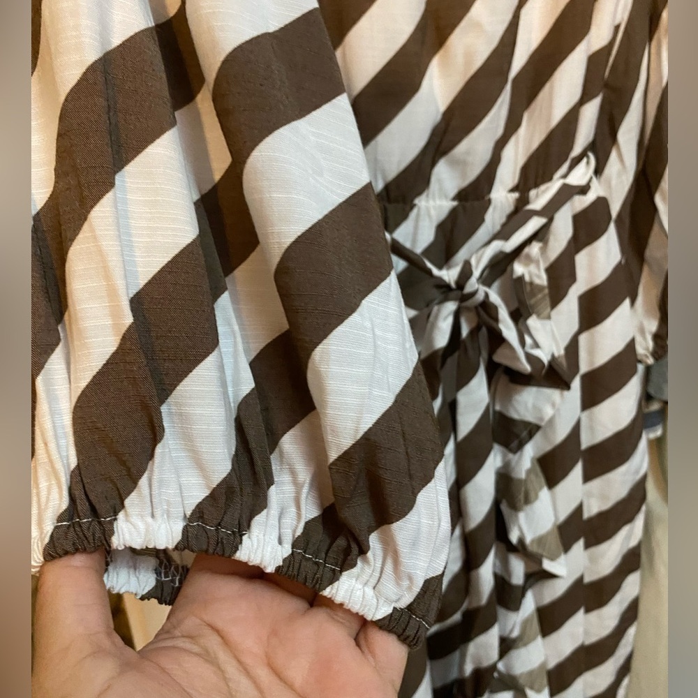 NEW**LANE BRYANT, POCKETS, LONG SLEEVE, LINED BROWN STRIP MIDI DRESS, - Picture 8 of 11